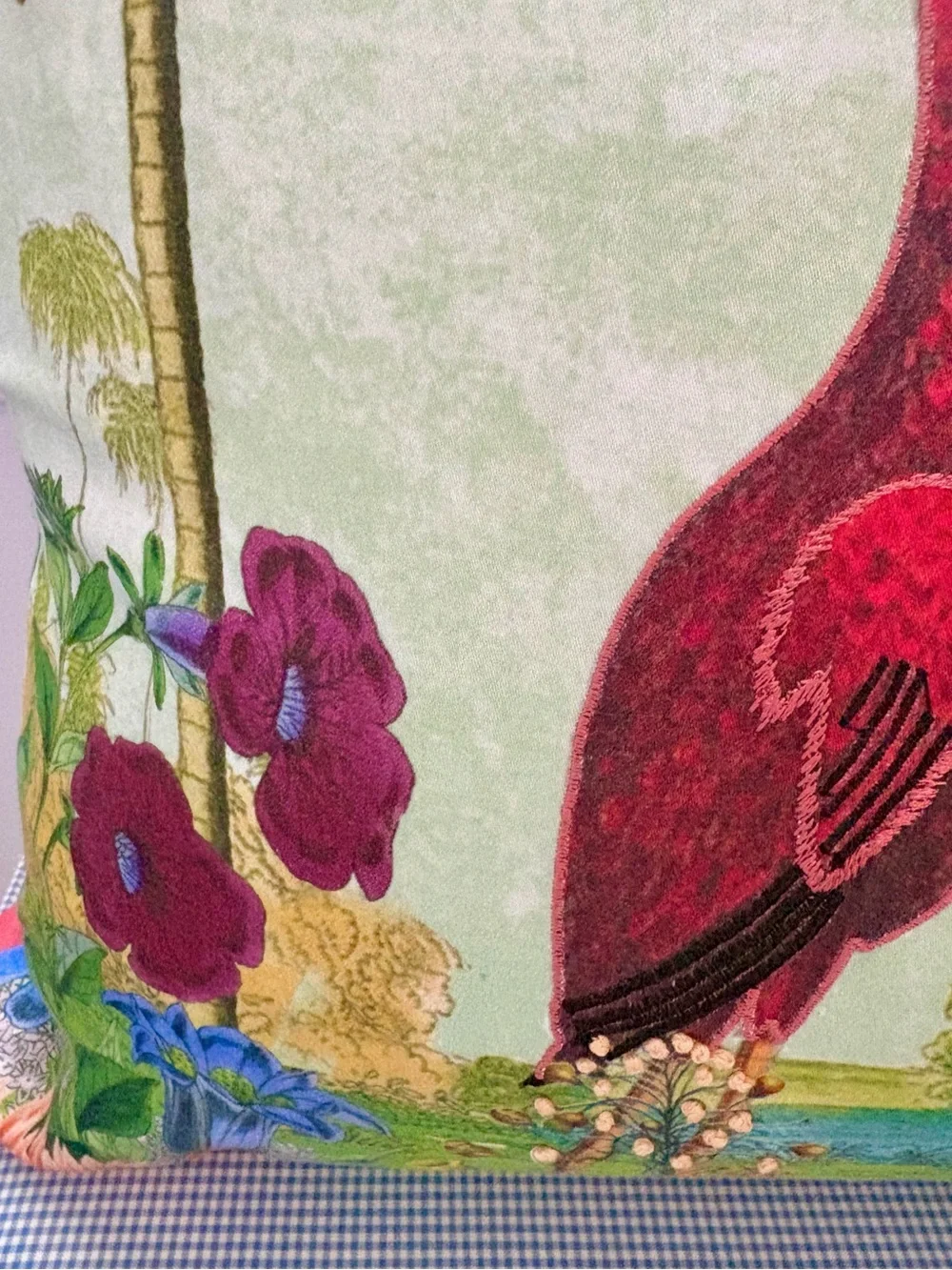 Tropical Palm Flamingo hand embroidery Pillow with feather insert in NEW !
